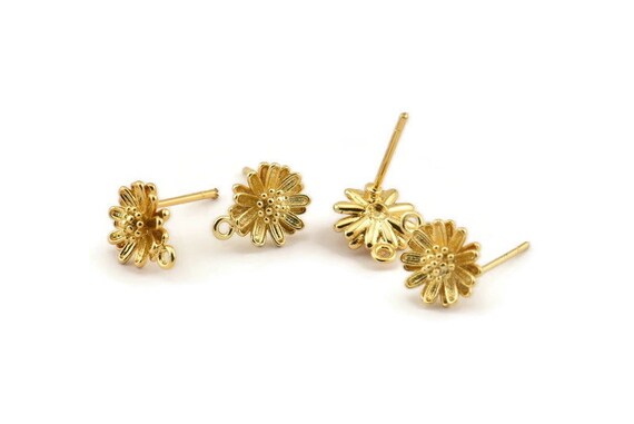 Gold Flower Earring, 8 Gold Plated Brass Flower Stud Earrings With
