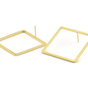 Gold Square Earring, 2 Gold Plated Brass Square Stud Earrings (35x1.5mm) D1566