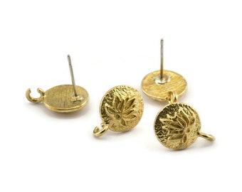 Brass Flower Earring, Raw Brass Lotus Flower Stud Earrings With 1 Loop (10mm) N0915