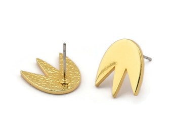 Gold Lotus Earring, 2 Gold Plated Brass Lotus Flower Stud Earrings (15x13x1.5mm) N1619