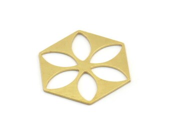 Brass Hexagon Charm, 8 Raw Brass Marquise Patterned Hexagon Shape Charms, Charm Pendants, Blank Findings (31x27x0.80mm) A4187