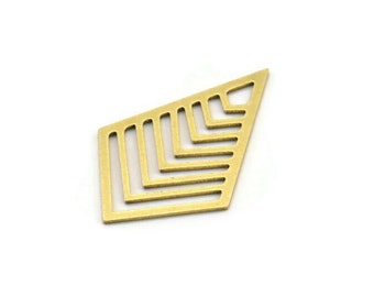 May include: A gold-coloured metal pendant with a geometric design. The pendant is shaped like a diamond with a series of lines forming a chevron pattern.