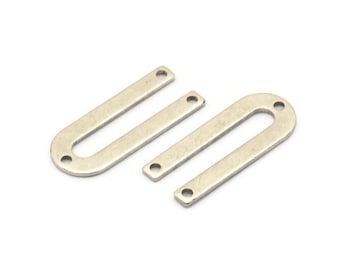 Silver U Shape Charm, 12 Antique Silver Plated Brass U Shaped Charms With 3 Holes (22x9x0.80mm) M02094