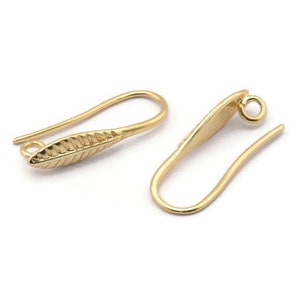 Gold Ear Hooks, 8 Gold Plated Brass Leaf Earring Wires, Earring Hooks (20mm) D1335