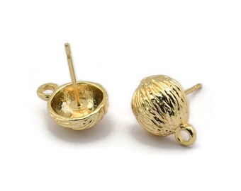 Gold Shell Earring, 4 Gold Plated Brass Sea Shell Stud Earrings With 1 Loop, Findings (13x10mm) N1445