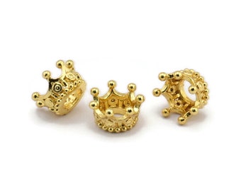 Gold Crown Bead, 3 Gold Plated Brass Crown Beads (11x6mm) Brc202--r075 Q0210