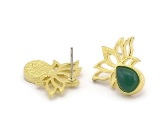 Brass Flower Earring, 4 Raw Brass Lotus Flower Stud Earrings With 1 Drop Shaped Stone - Pad Size 8x6mm N2084