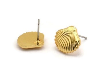 Gold Shell Earring, 2 Gold Plated Brass Sea Shell Stud Earrings, Findings (13x11x2mm) D994 A1225