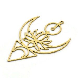 May include: Gold metal pendant featuring a crescent moon, a triangle, and a stylised flower design.