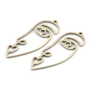 Silver Face Charm, 6 Antique Silver Plated Brass Face Charms With 1 Loop (41x16x1mm) D0627