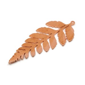 May include: A copper-colored fern leaf charm with detailed veining and a small loop at the top. The botanical-themed pendant is ideal for jewelry making or crafting projects. The charm is approximately 3 inches long.