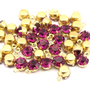 Fuchsia Rhinestone Charms, 12 Fuchsia  Rhinestone Charms with Raw Brass Setting for SS24 (5mm) Y361 Y159