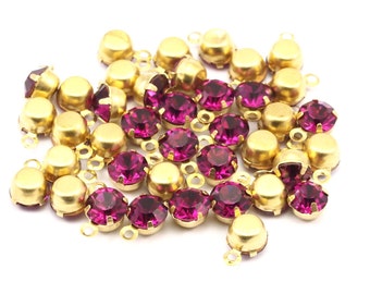 Fuchsia Rhinestone Charms, 12 Fuchsia  Rhinestone Charms with Raw Brass Setting for SS24 (5mm)  BS 1320