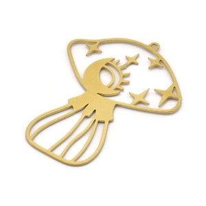 Brass Mushroom Charm, 2 Raw Brass Mushroom Charms With 1 Loop, Moon And Star Charms, Pendants, Findings (43x34x0.60mm) SMP1077
