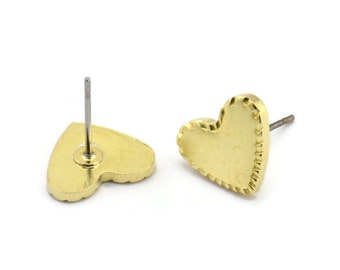 Brass Heart Earring, 6 Raw Brass Heart Stud Earrings (10x12x1.5mm) Y157 A1796