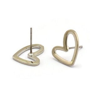 Silver Heart Earring, 2 Silver Plated Brass Heart Stud Earrings (11x14x1mm) D1195 A1221 H0475
