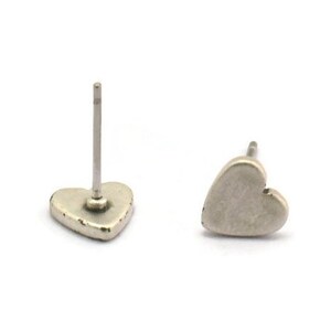 Silver Heart Earring, 8 Antique Silver Plated Brass Heart Stud Earrings (8mm) D1459