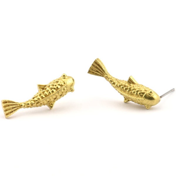 Brass Koi Fish Earring, 6 Raw Brass Koi Fish Stud Earrings, Jewelry Supplies, Findings (24x8mm) N0422 A1205