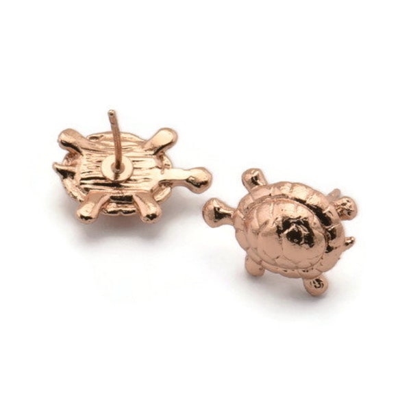 Rose Gold Turtle Earring, 2 Rose Gold Plated Brass Turtle Stud Earrings (10x18mm) N0997 A1546