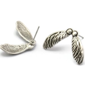 Silver Maple Seed Earring, 2 Antique Silver Plated Brass Maple Seed Stud Earrings, Findings (27x16mm) N1603