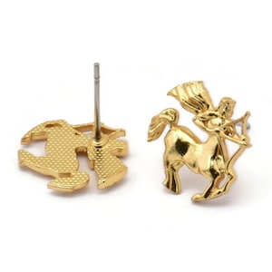 Gold Sagittarius Earring, 4 Gold Plated Brass Sagittarius Sign Stud Earrings, Zodiac Findings, Zodiac Sign Jewelries (13x13mm) SY0294