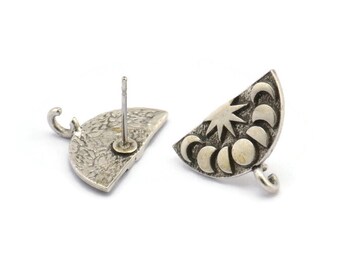 Silver Earring Posts, 4 Antique Silver Plated Brass Semi Circle Moon Phases Shaped Earrings Stud With 1 Loop (17x12x1.5mm) N1858