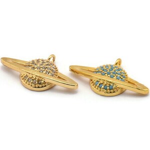 Gold Saturn Charm, Gold Plated Saturn Planet, Cubic Zircon, 2 CZ Pave Planet Charms, Zircon Charm Pendants (15x26mm) SY0111