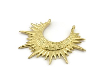 Brass Sun Charm, Raw Brass Sun Pendants With 2 Loops (42x32mm) N1121