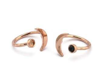 Rose Gold Ring Settings, 2 Rose Gold Plated Brass Moon And Planet Ring With 1 Stone Setting - Pad Size 4mm N0799 Q0816