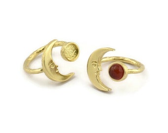 Brass Ring Settings, 10 Raw Brass Moon And Planet Ring With 1 Stone Setting - Pad Size 6mm N1495