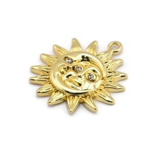 Gold Sun Charm, 2 Gold Plated Brass Sun Charms With 1 Loop, CZ Pave Charms, Zircon Sun Charms (22x20mm) SY0306
