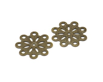 Antique Brass Flower Connector, 25 Antique Brass Filigree Flower Connectors, Charms (18mm)  K161