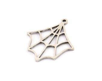 May include: A silver-coloured spider web charm with a small loop at the top for hanging. The web design features a series of intersecting lines, creating a detailed and symmetrical pattern. This charm is suitable for jewellery making and crafting.