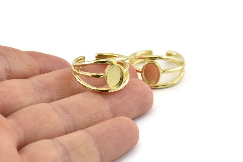 2 Raw Brass Adjustable Rings With 1 Stone Settings Pad Size 8x6mm N1264 Brass Ring Setting