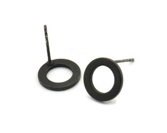 Black Round Earring, 8 Oxidized Black Brass Round Earring Posts, Pendants, Findings (10x1mm) E341