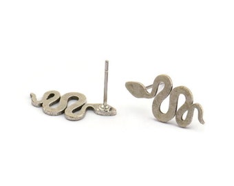 Silver Snake Earring, 8 Antique Silver Plated Brass Snake Stud Earrings (18x8x0.80mm) A2657 Q0426