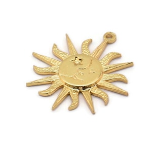 Gold Sun Charm, Gold Plated Brass Sun Charms With 1 Loop, Findings (29x2mm) N1516