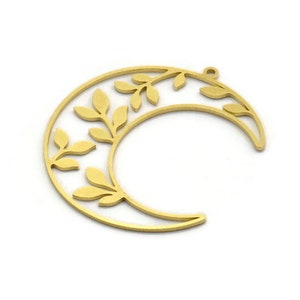 Brass Moon Charm, 6 Raw Brass Leaf Pattern Crescent Moon Charms With 1 Loop, Findings (38x12x0.80mm) SMP0113 A2671