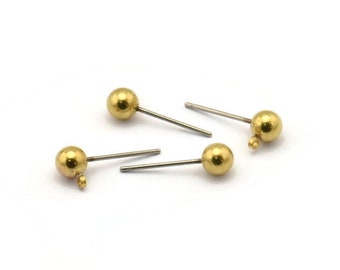 50 Earring Posts with Raw Brass Ball Pad and 5 mm Hole Hook   A0394