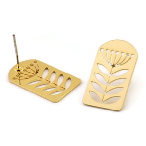 Gold Flower Earring, 4 Gold Plated Brass Flower Shaped Stud Earrings (20x12x0.60mm) A2915 H0403
