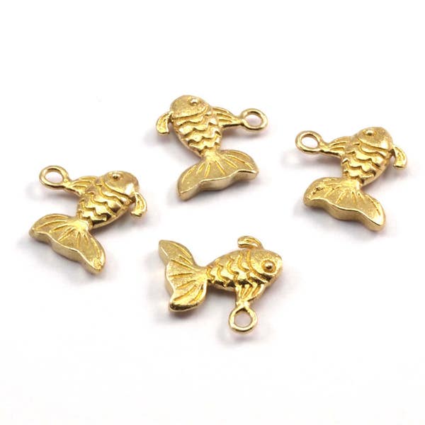 Brass Goldfish Charm, 6 Raw Brass Gold Fish Pendants, Jewelry Supplies, Findings (12x10mm) N0365