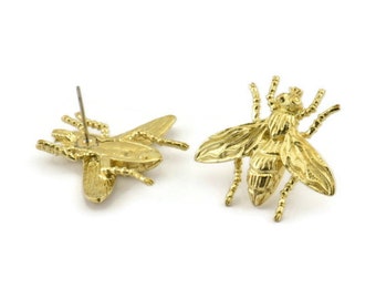 Brass Bug Earring, 2 Raw Brass Bug Fly Insect Stud Earrings (23x26mm) N0917