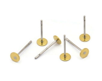 Stainless Steel Flat Posts Bulk, 1000 Stainless Steel Earring Posts With Raw Brass 4mm Flat Pad, 316L Ear Studs A0425