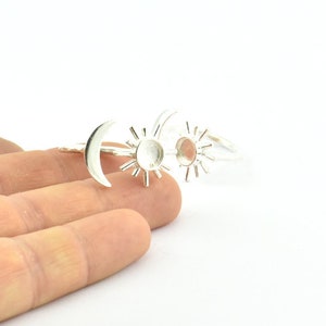 Silver Ring Settings, 925 Silver Moon And Sun Ring With 1 Stone Setting - Pad Size 6mm R052