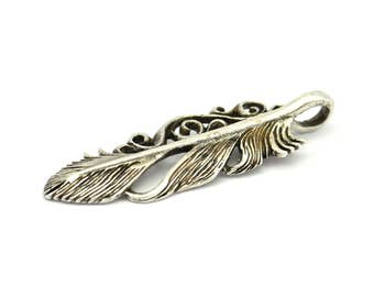 Silver Feather Pendant, 1 Antique Silver Plated Brass Feather Charm, Feather Pendants (46x14mm) N0185