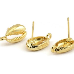 Gold Shell Earring, 4 Gold Plated Brass Cowrie Shell Stud Earrings With 1 Loop, Findings (16x9mm) N0909 H0523