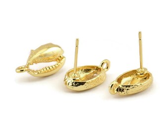 Gold Shell Earring, 4 Gold Plated Brass Cowrie Shell Stud Earrings With 1 Loop, Findings (16x9mm) N0909 H0523