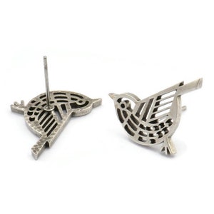 Silver Bird Earring, 4 Antique Silver Plated Brass Bird Stud Earrings (13x20x1.3mm) N1755 Q0482