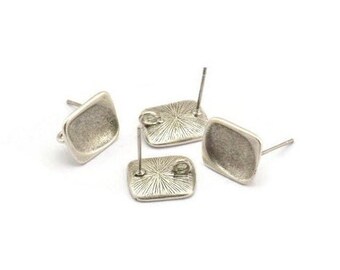 Rechteck Ohrring, 4 Antikes versilbertes Messing Rechteck Ohrstecker mit 1 Öse (13 x 11 mm) N1219
