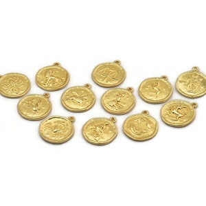 Złote znaki zodiaku, wszystkie 12 znaków zodiaku, zawieszki ze znakami zodiaku, pozłacane, zawieszki horoskopowe, zawieszki ze znakami zodiaku astrologicznego (17 x 20 mm) F-88